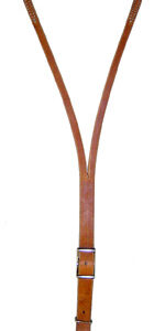V-shaped leather strap with metal rings at the ends and a buckle, ending in a metal clasp